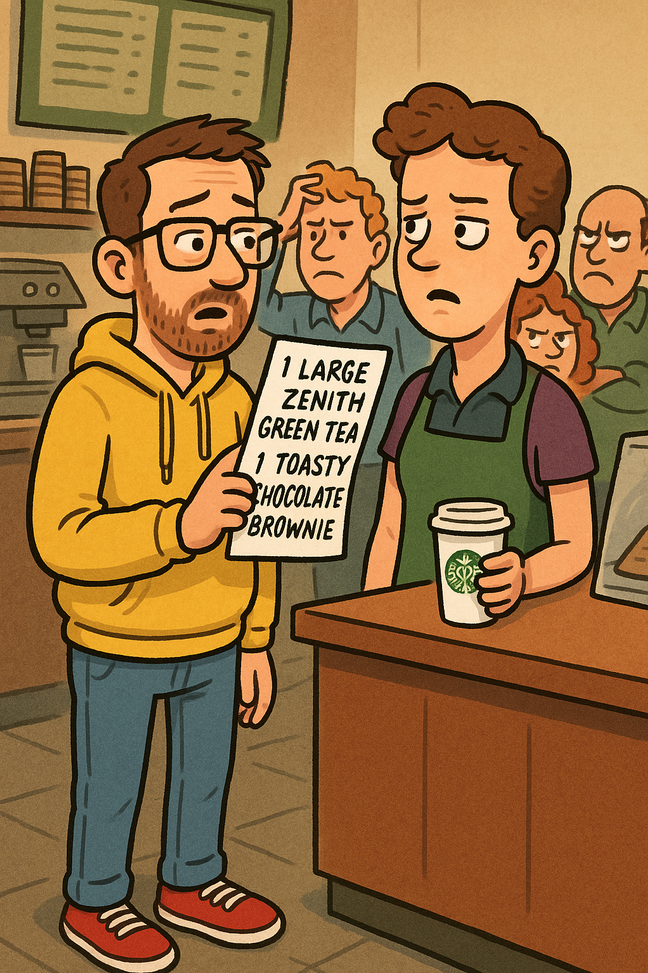 Comedian Joe List ordering at Starbucks